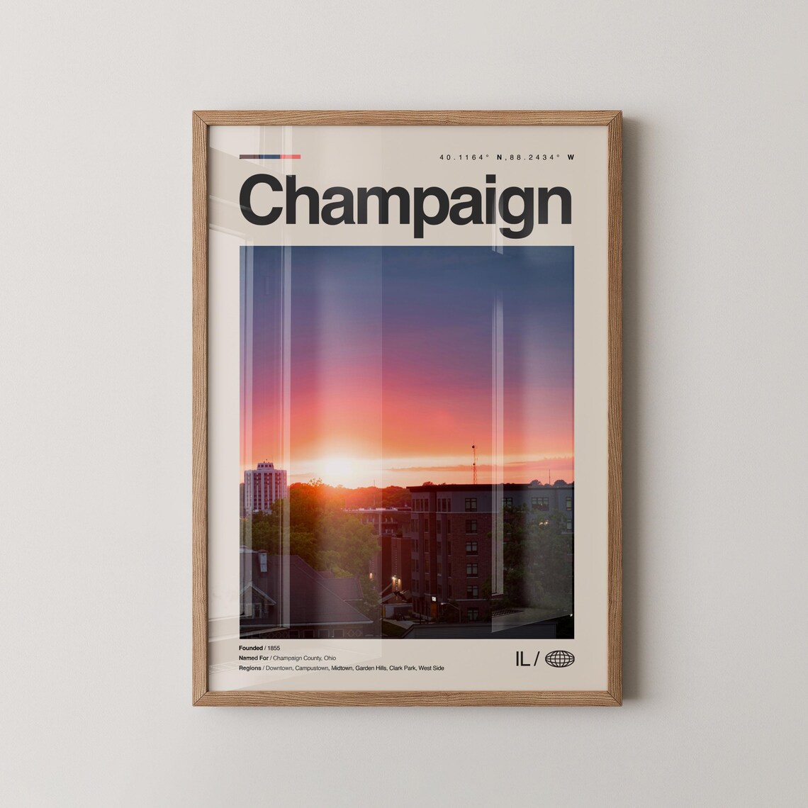 Champaign Illinois Sunset Skyline Minimal Photo City Travel Poster