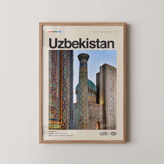 Uzbekistan Turquoise Tiled Minaret Architecture Photography Travel Poster