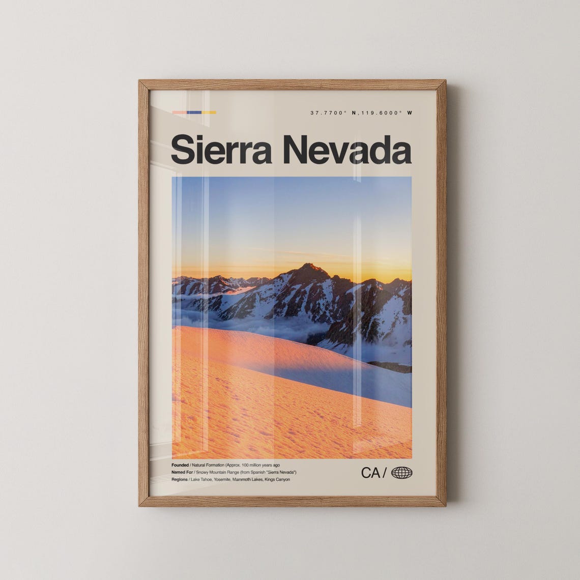 Sierra Nevada California Mountain Travel Poster Sunset Snow Peaks Art