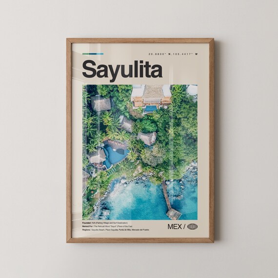 Sayulita Aerial Beach and Palms Minimalist Mexico Travel Poster