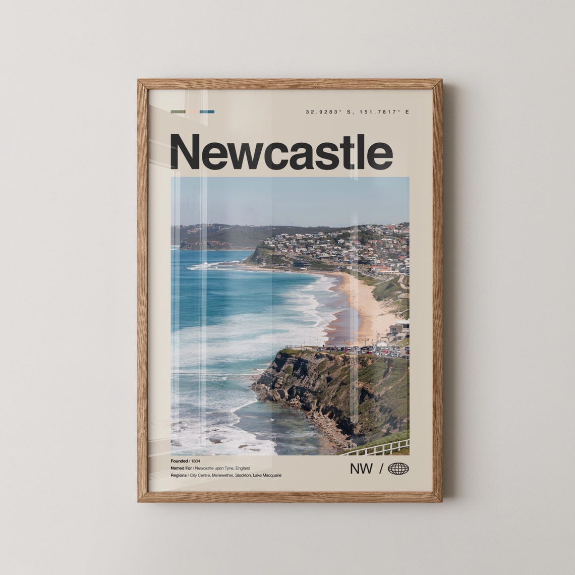 Newcastle Coastal City Poster With Beach Cliffs and Ocean View