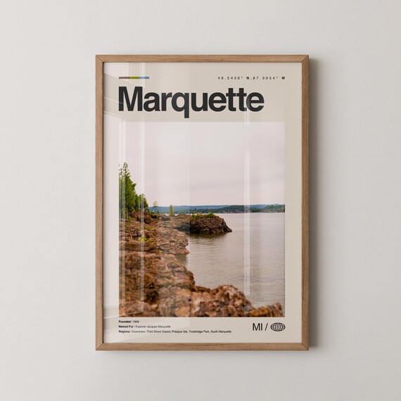 Marquette Print Real Photo Travel Art Poster Mid Century Minimal Wall Map Michigan