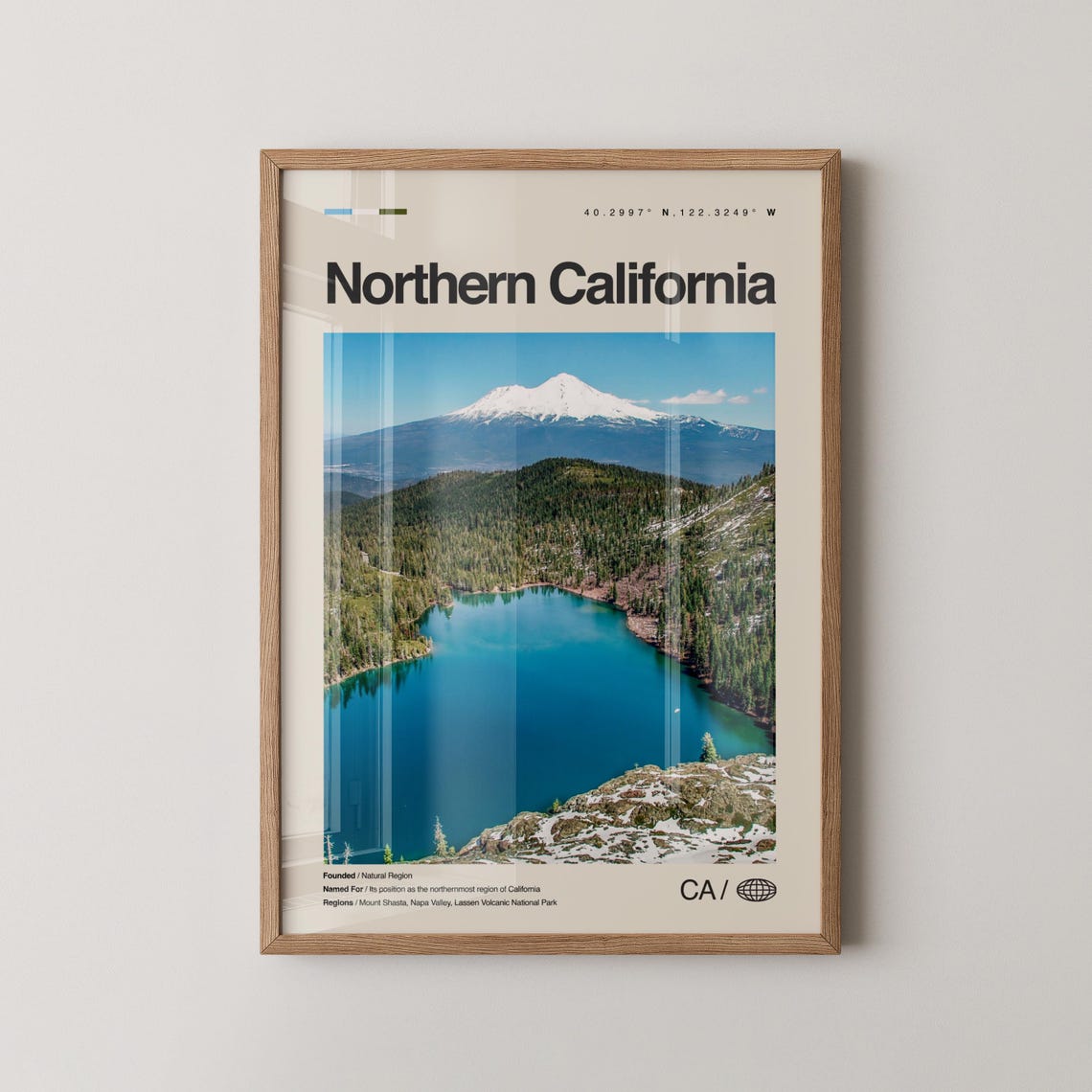 Northern California Snow Capped Mountain Lake Minimalist Travel Poster