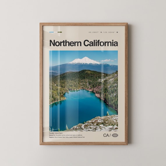 Northern California Snow Capped Mountain Lake Minimalist Travel Poster