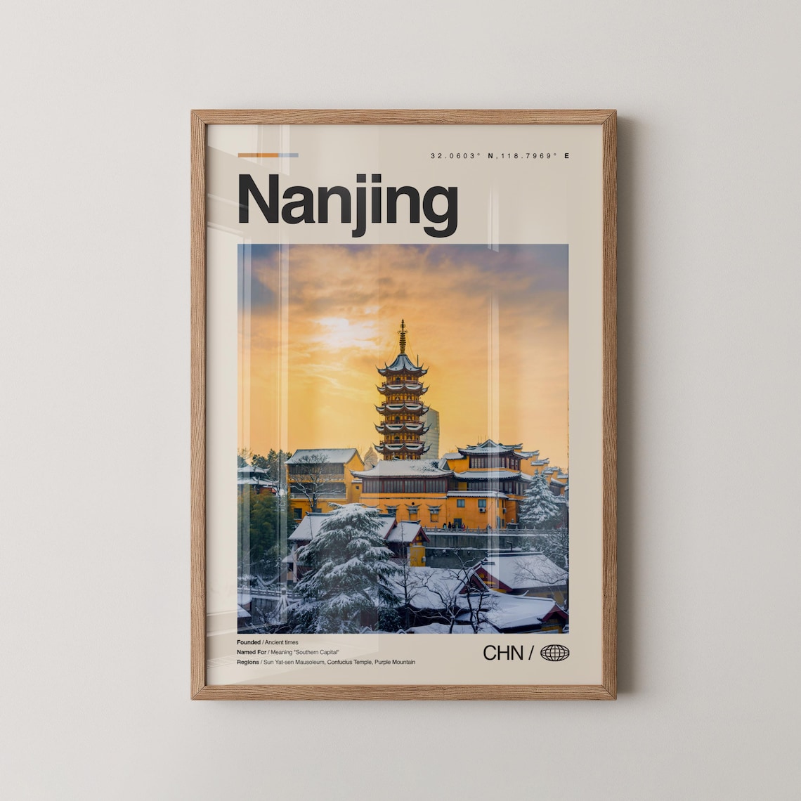 Nanjing China Snowy Temple Pagoda Sunset Winter Travel Photo Print