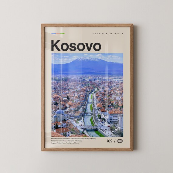 Kosovo River City And Snow Mountain Travel Poster With Photo