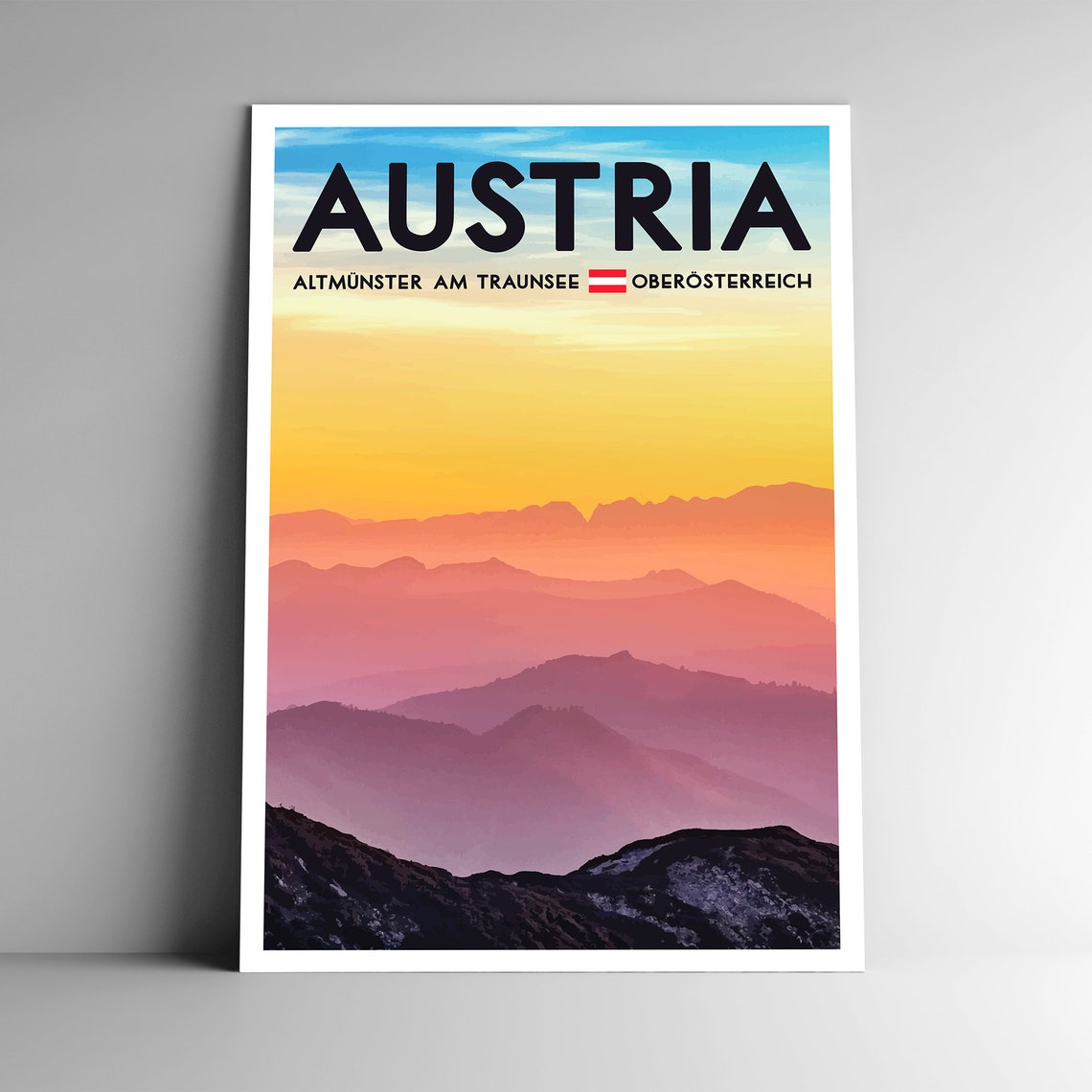 Austria Altmunster Sunset Mountains Vintage WPA Travel Poster