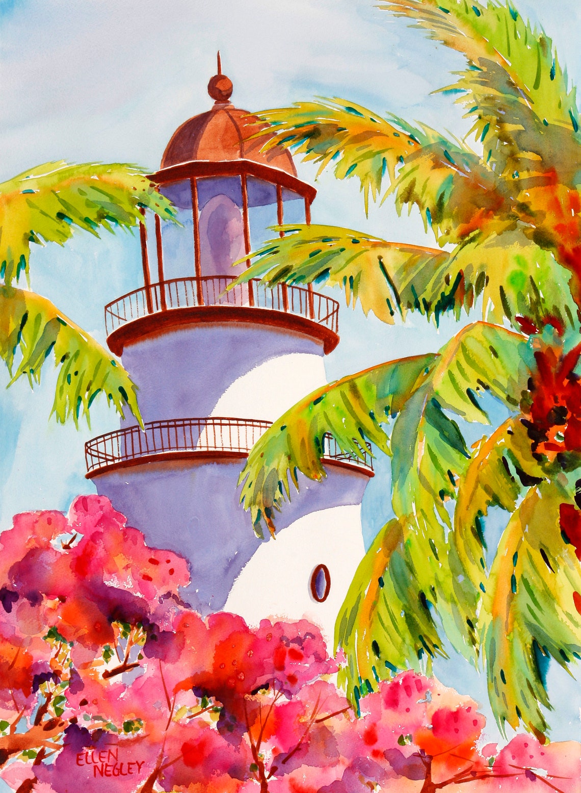Key West Lighthouse Tropical Watercolor Poster with Palm Trees