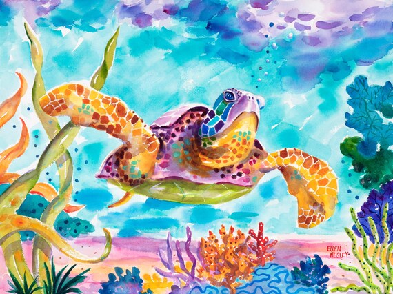 Colorful Sea Turtle Swimming Over a Coral Reef Watercolor Poster