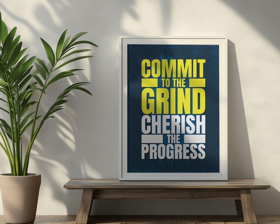 Commit To The Grind Cherish The Progress Poster Navy Yellow Bold Motivational Decor