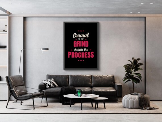 Commit To The Grind Cherish The Progress Poster Black Red Bold Living Room