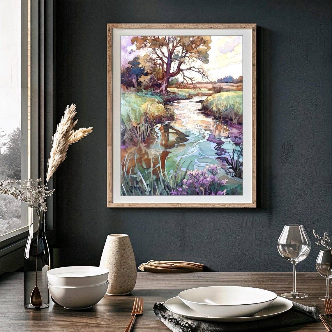 Purple Wildflowers by a Winding Stream Watercolor Landscape Poster - Image 4