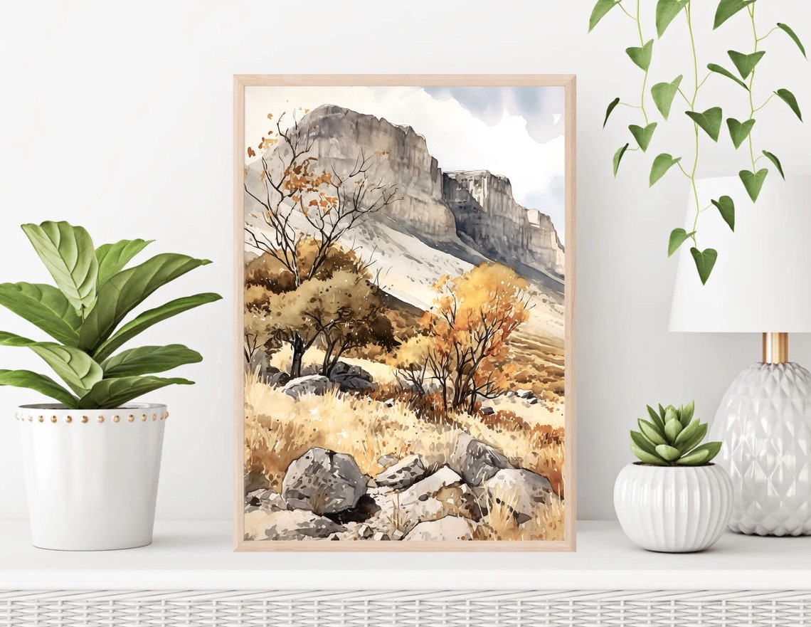 Guadalupe Mountains El Capitan Cliff Autumn Trees Watercolor Poster - Image 4