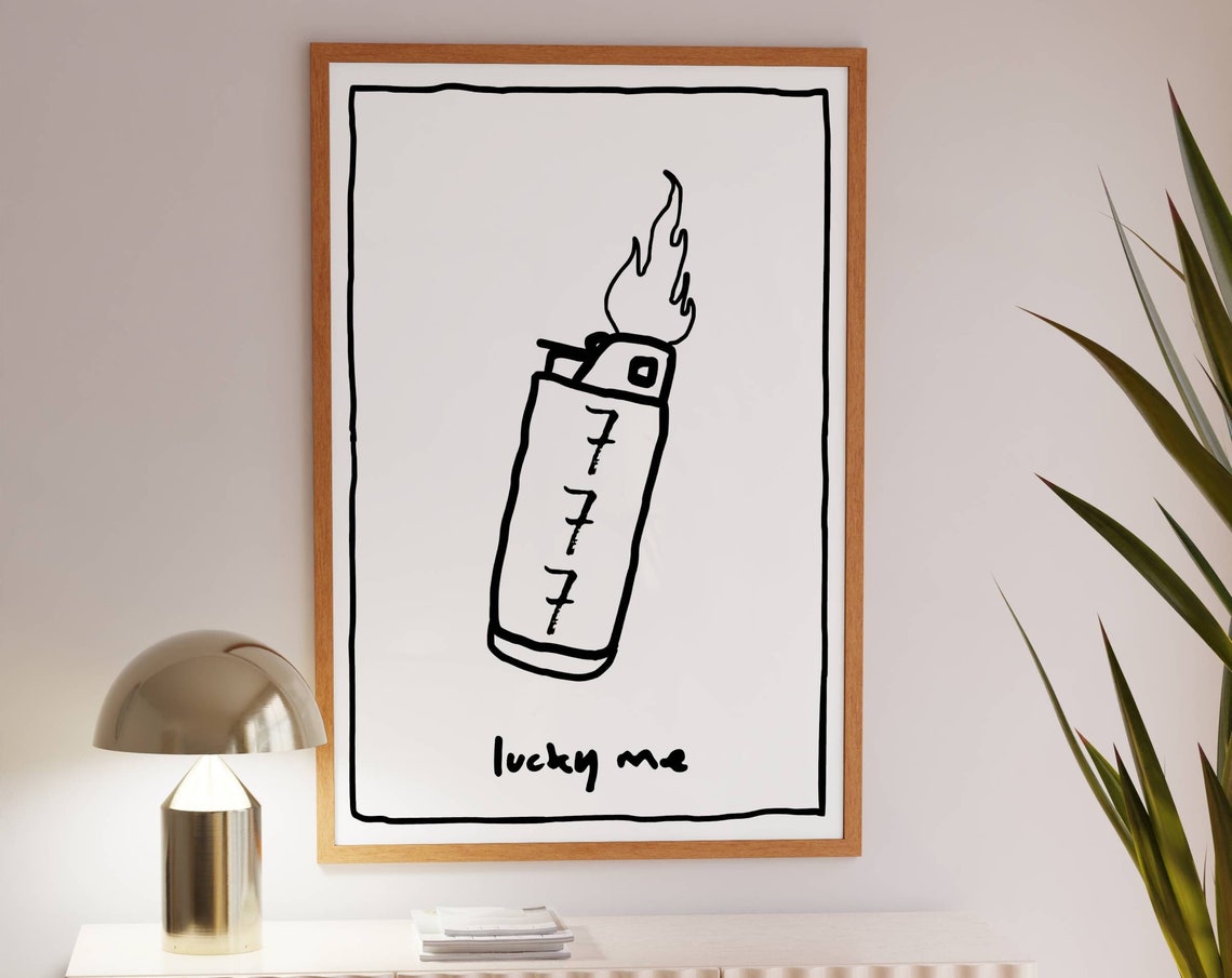 Lucky Me 777 Lighter Hand Drawn Retro Black And White Wall Art