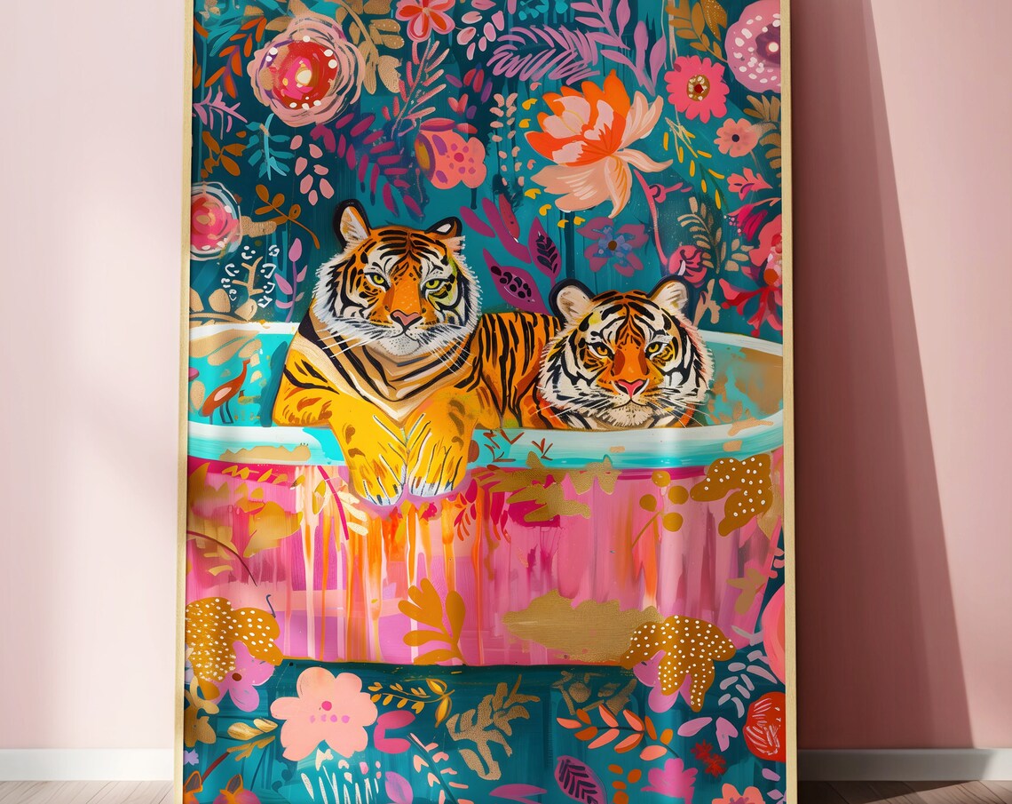 Tiger in Bath, Maximalist Bathroom Wall Art Print - Image 2