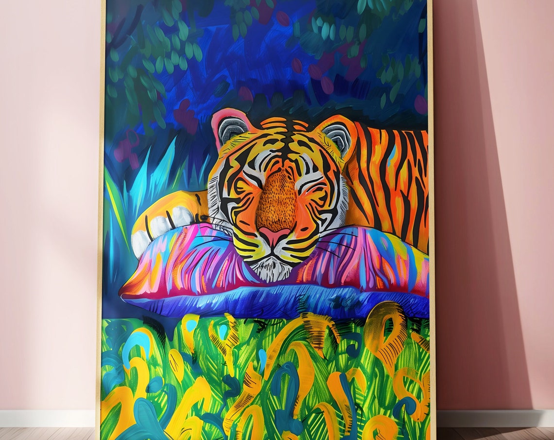 Neon Colorful Tiger Jungle Night Resting Tropical Wall Art Decor - Image 2