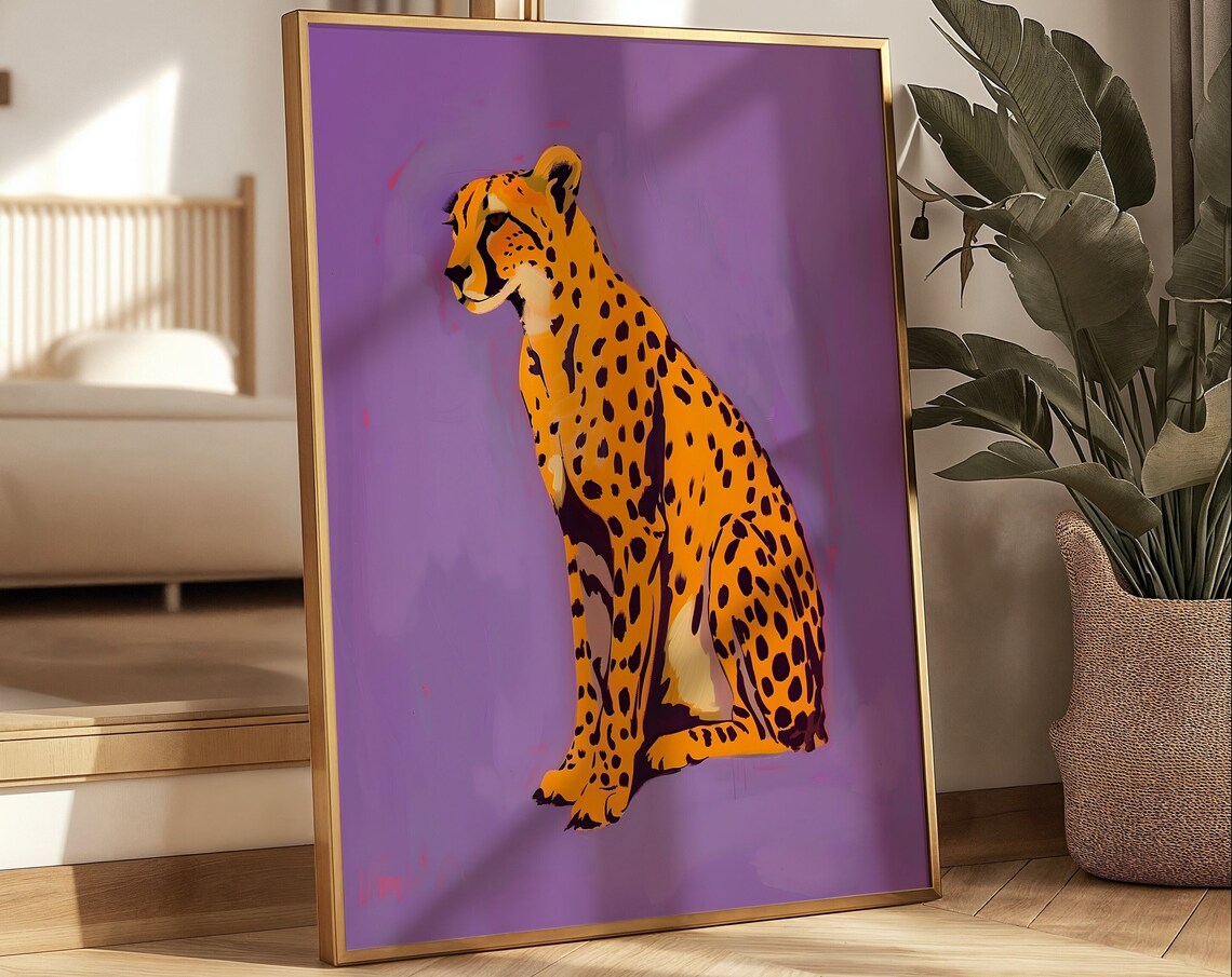 Orange Cheetah Sitting On A Vivid Purple Maximalist Art Poster - Image 3