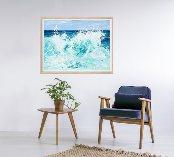 Turquoise Ocean Wave Crash Dynamic Seascape Painting Wall Art