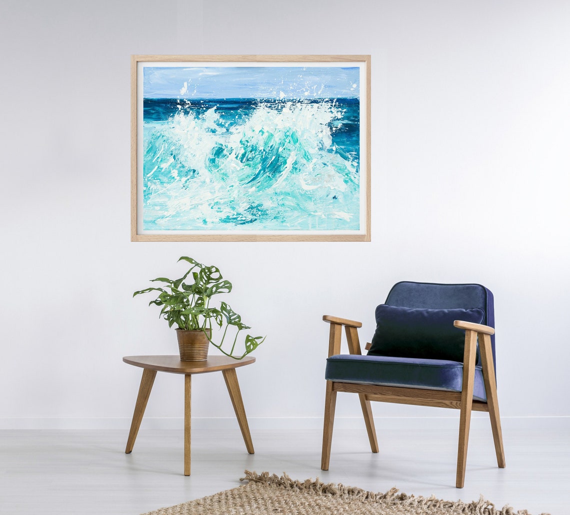 Turquoise Ocean Wave Crash Dynamic Seascape Painting Wall Art