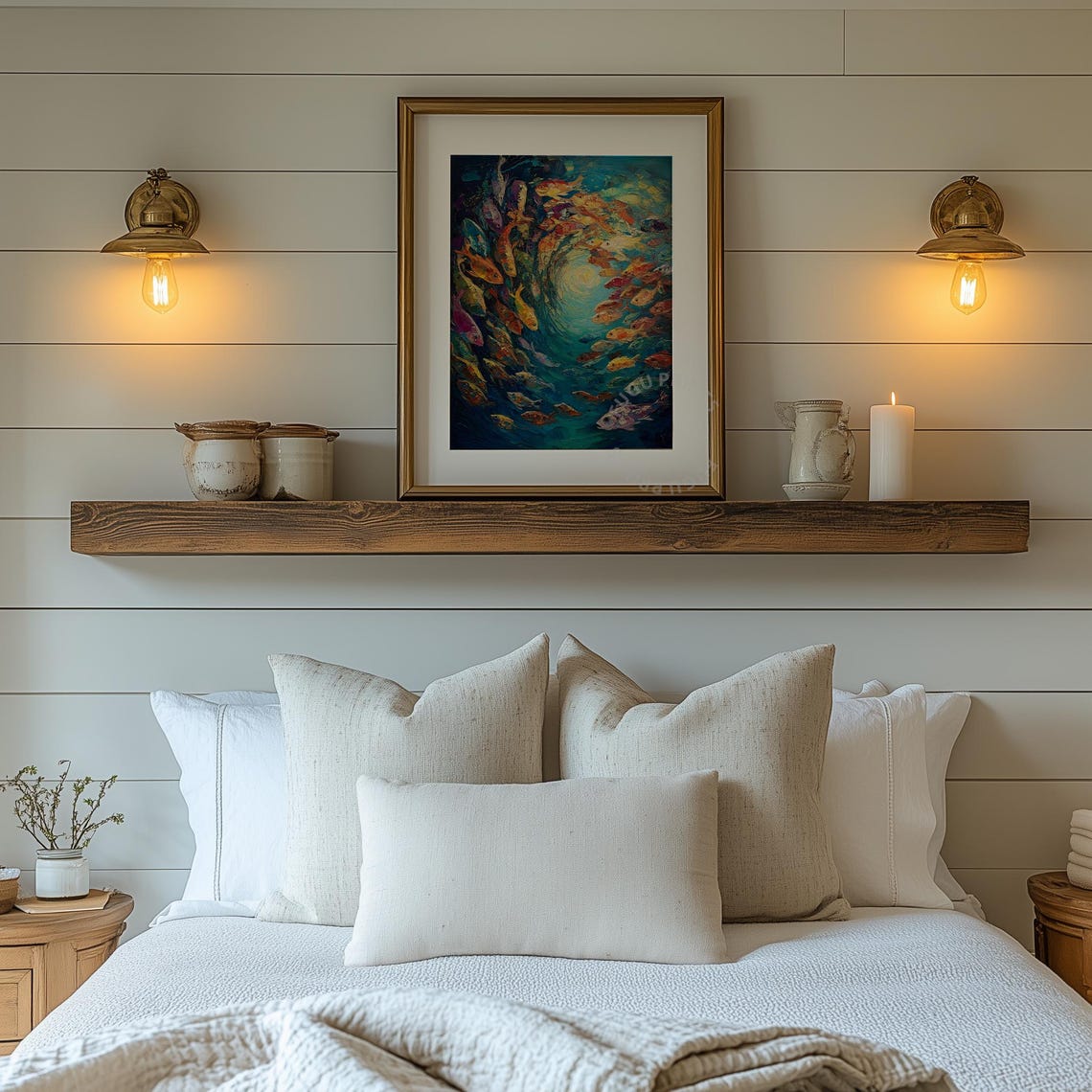 Fish School Art Ocean Expressionist Wall Decor Coastal Art Blue Orange Living Room Art 189 - Image 2