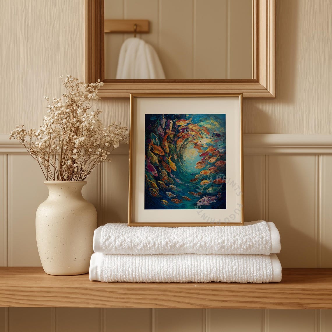 Fish School Art Ocean Expressionist Wall Decor Coastal Art Blue Orange Living Room Art 189 - Image 3