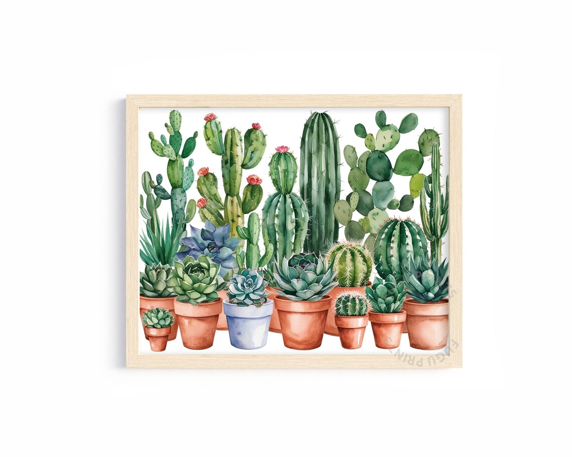 Watercolor Cactus, Boho Desert Plants Art Print