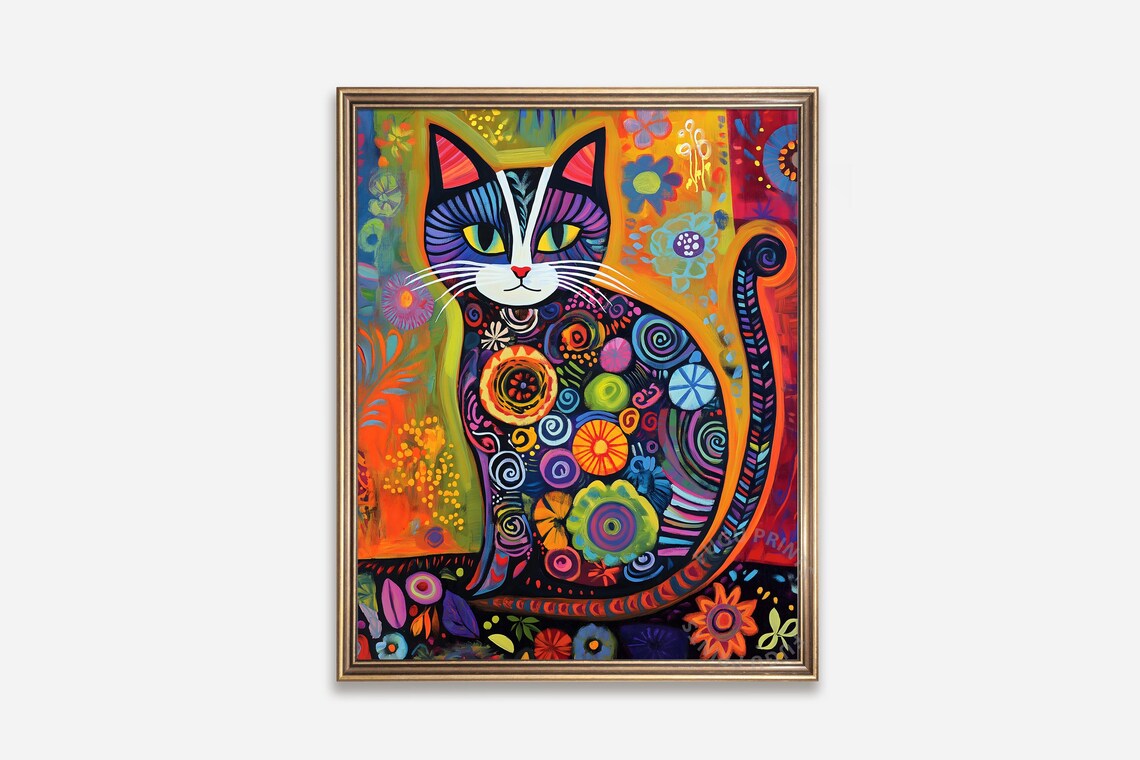 Colorful Cat Art, Whimsical Boho Decor
