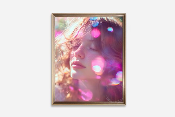 Dreamy Woman Portrait with Pink Bokeh Sunlight Ethereal Poster
