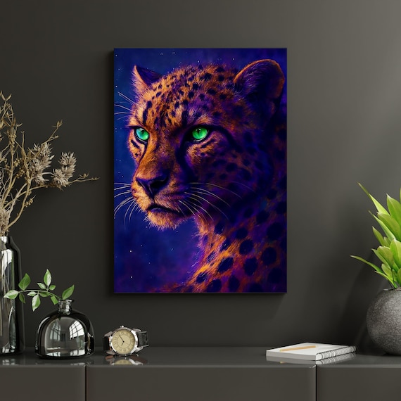 Neon Leopard Portrait Vibrant Green Eyes Jungle Cat Wall Art