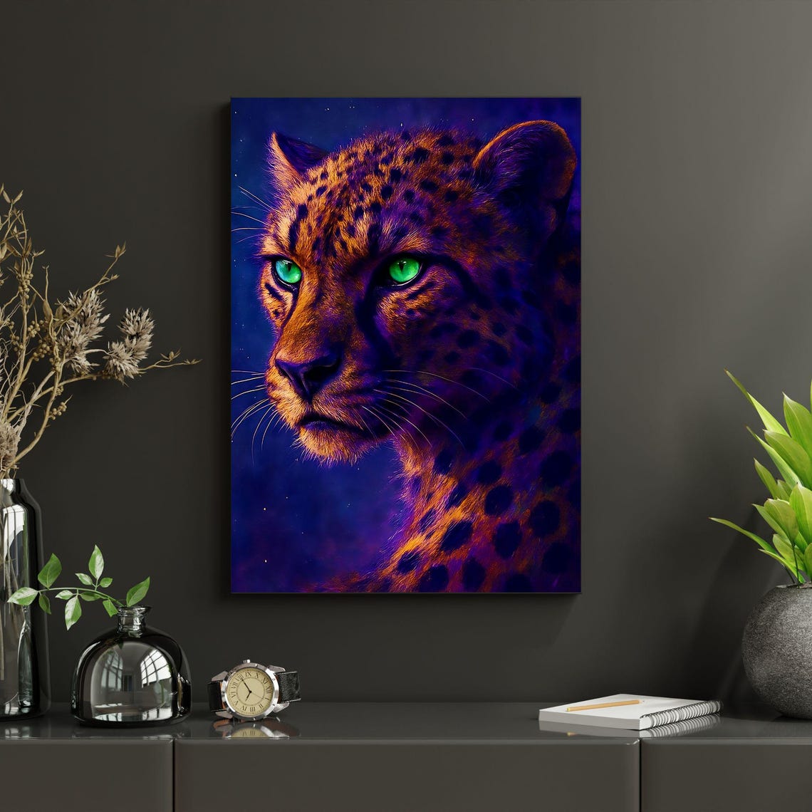 Neon Leopard Portrait Vibrant Green Eyes Jungle Cat Wall Art