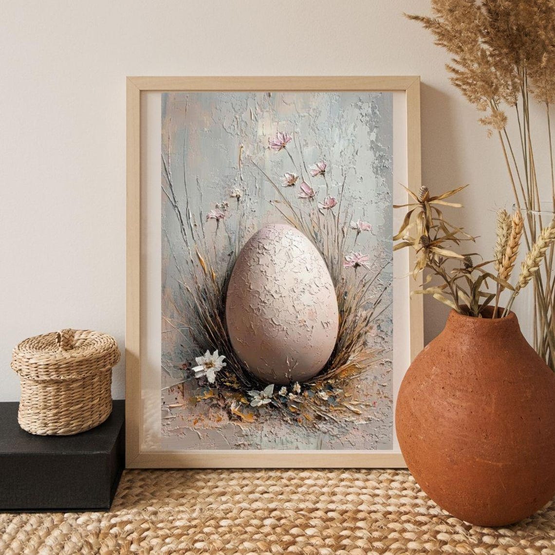 Speckled Easter Egg in Wildflower Nest Vintage Spring Art Print