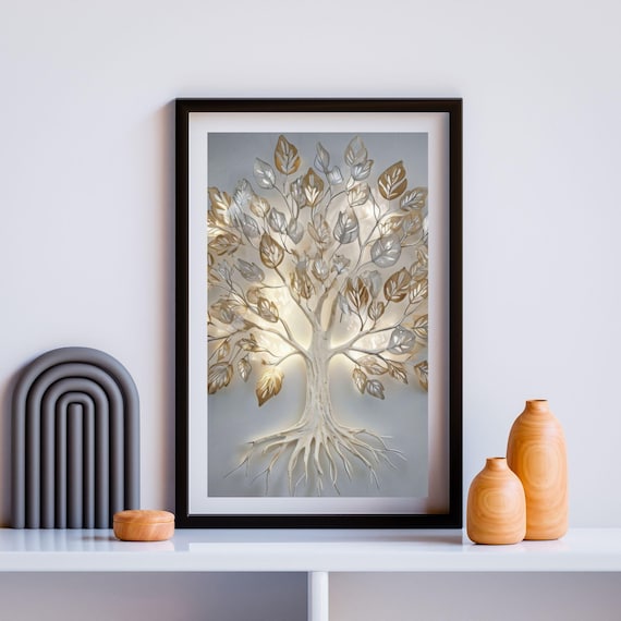 White Gold Tree of Life Glowing Leaves 3D Relief Wall Poster