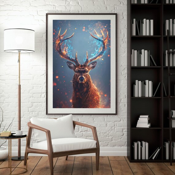 Fire Ice Stag Wall Art Mystical Majestic Deer With Fiery Ethereal Glow For Home Office Decor