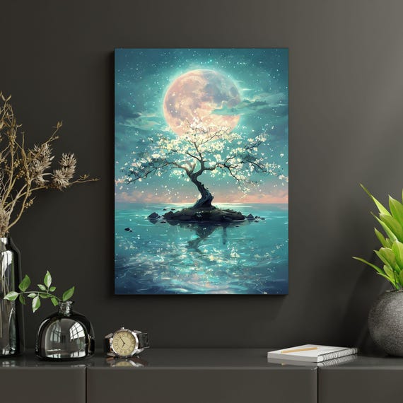 Moonlight Blossom Tree Art Print Mystical Moon Water Reflection Wall Decor