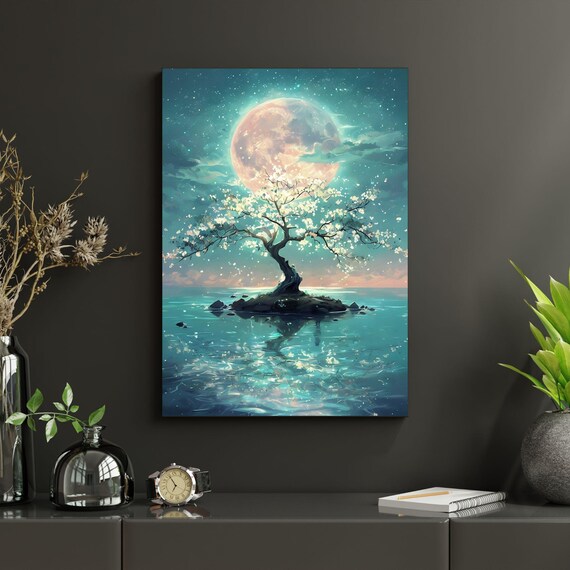 Moonlit Blossom Tree Over Glowing Teal Water Fantasy Art Poster
