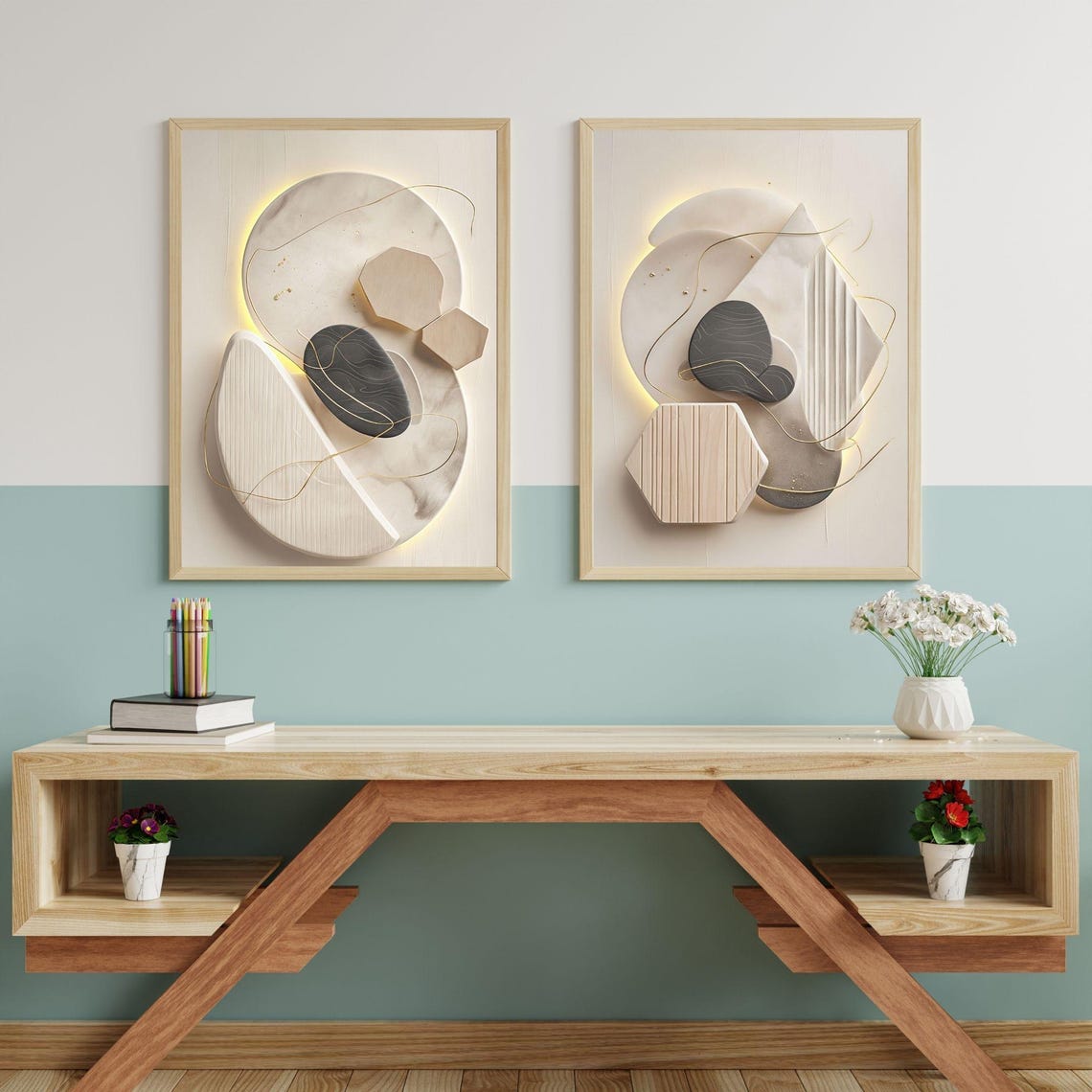 Geometric Abstract Art Pair Neutral Gold Tones Modern 3D Relief Poster