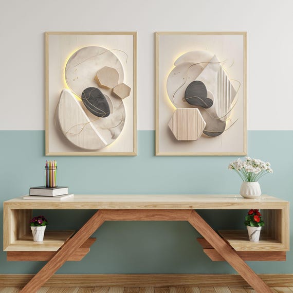 Geometric Abstract Art Print Neutral Tones Gold Accents
