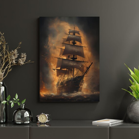 Tall Ship In Fiery Storm Sky Dramatic Sailing Painting Art Poster