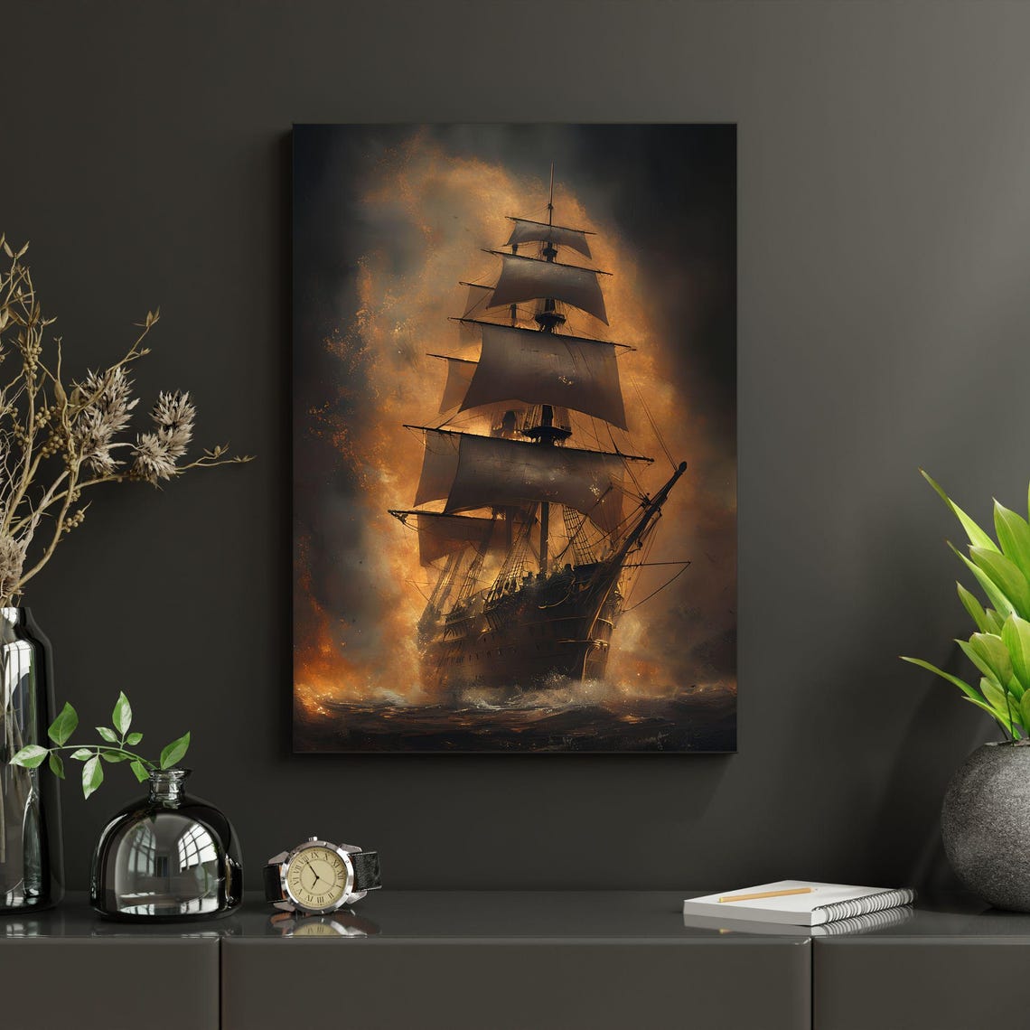 Tall Ship In Fiery Storm Sky Dramatic Sailing Painting Art Poster
