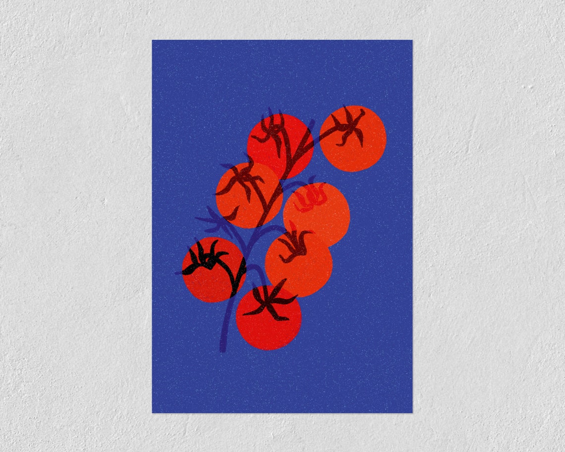 Red Tomatoes On Vine Bold Blue Background Modern Kitchen Art Poster - Image 2