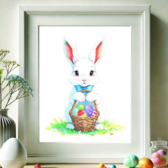 Whimsical Easter Bunny Art Print Spring Nursery Decor