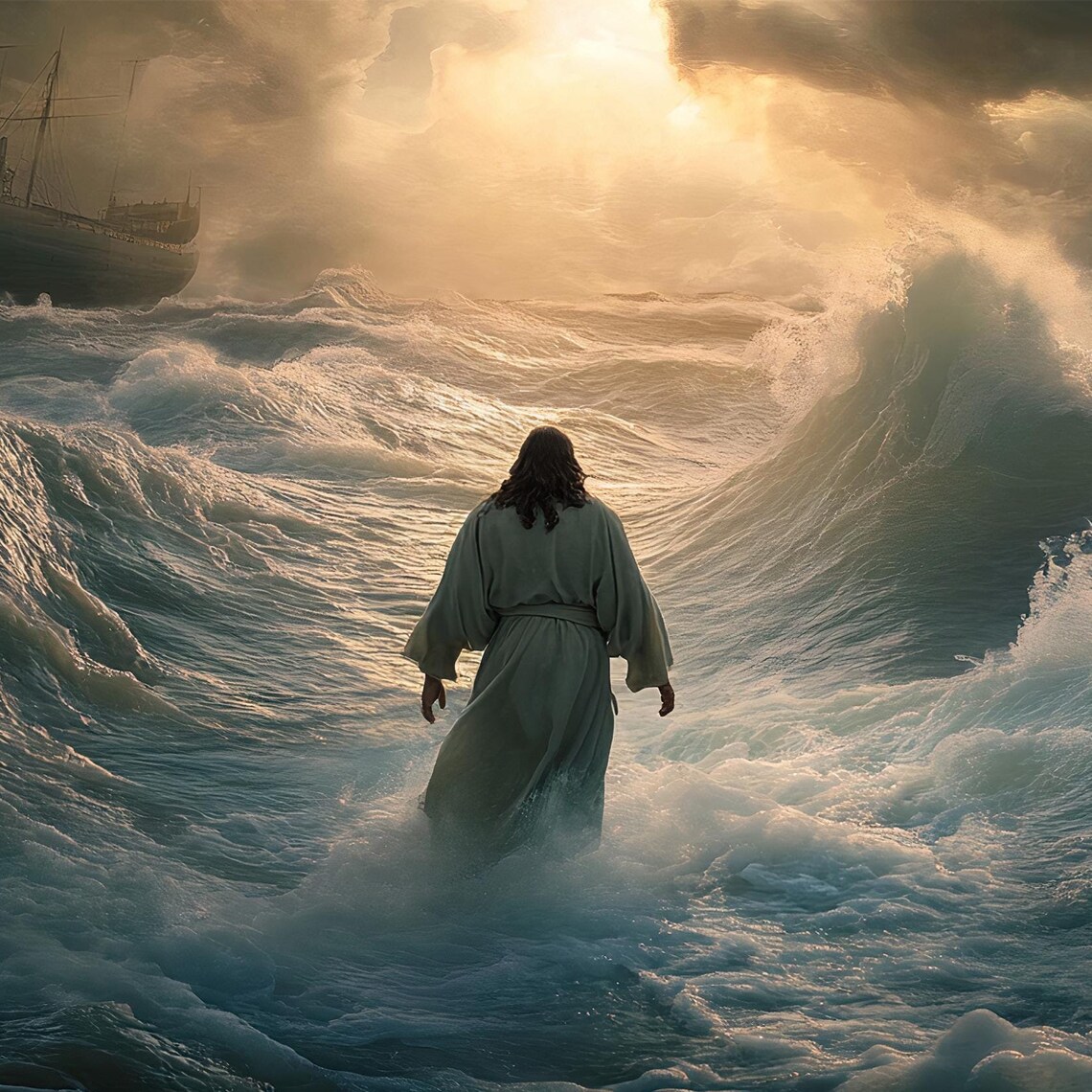 Jesus Parting The Red Sea Waves With Ship Golden Light Poster