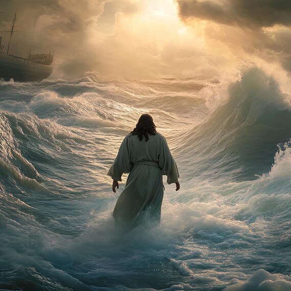 Jesus Parting The Red Sea Waves With Ship Golden Light Poster