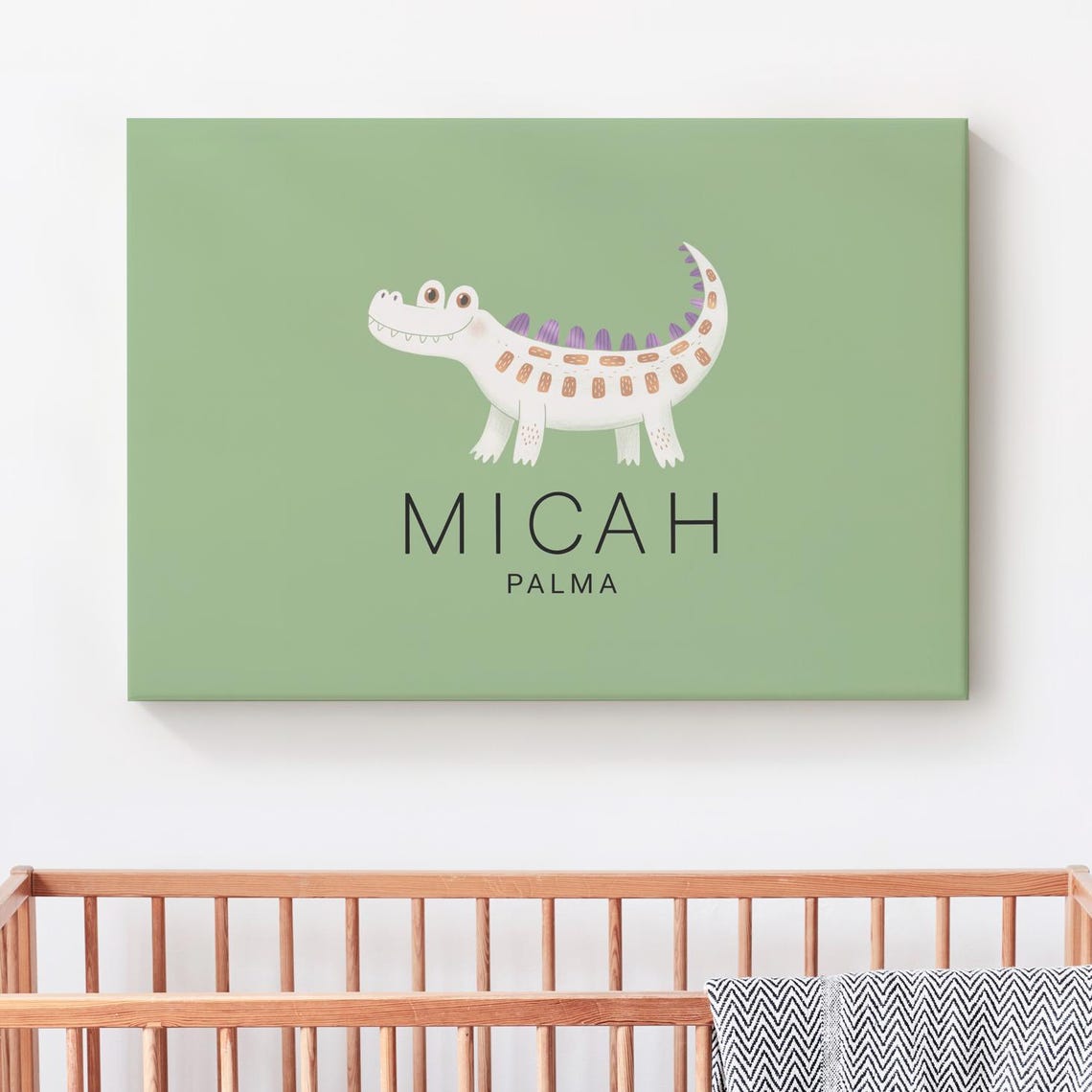 Cute Scandinavian Gator Baby Name Canvas Print Nursery Sign Custom Decoration Wall Decor Dog Lover Gift Unframed
