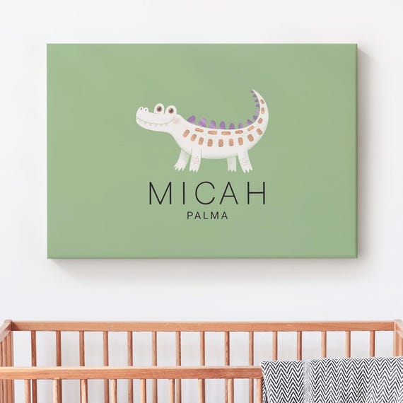 Cute Scandinavian Gator Baby Name Canvas Print Nursery Sign Custom Decoration Wall Decor Dog Lover Gift Unframed
