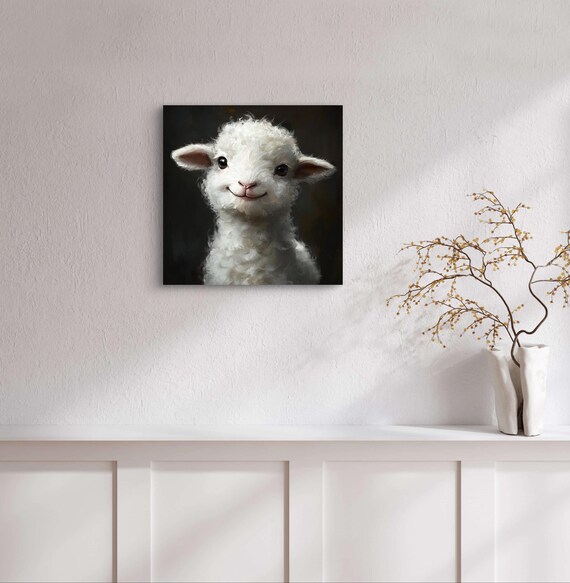 Cute White Lamb Smiling Portrait Dark Moody Background Painting Poster