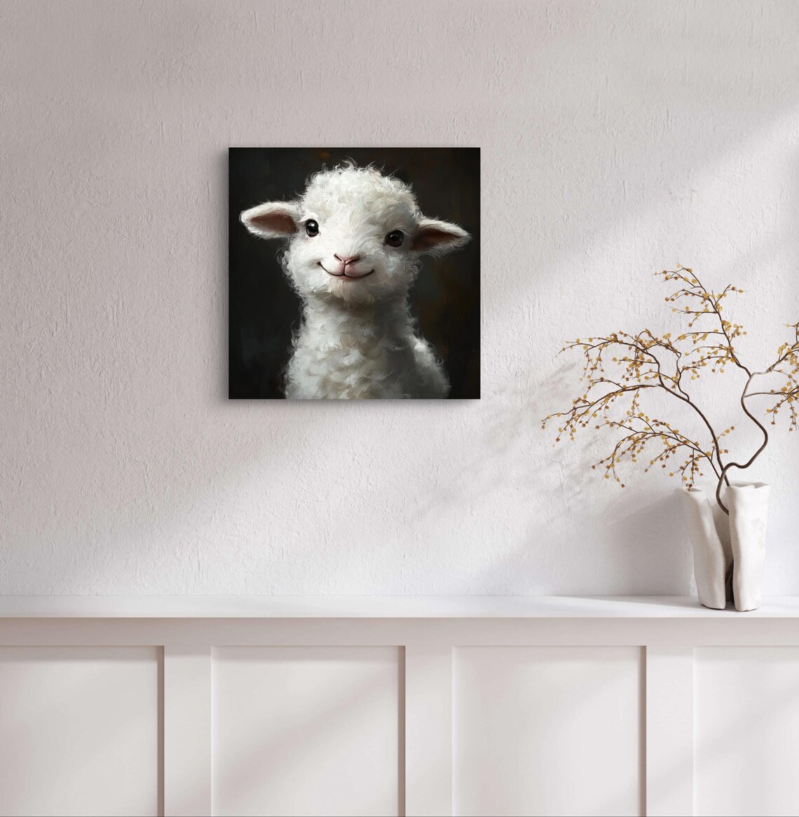 Cute White Lamb Smiling Portrait Dark Moody Background Painting Poster