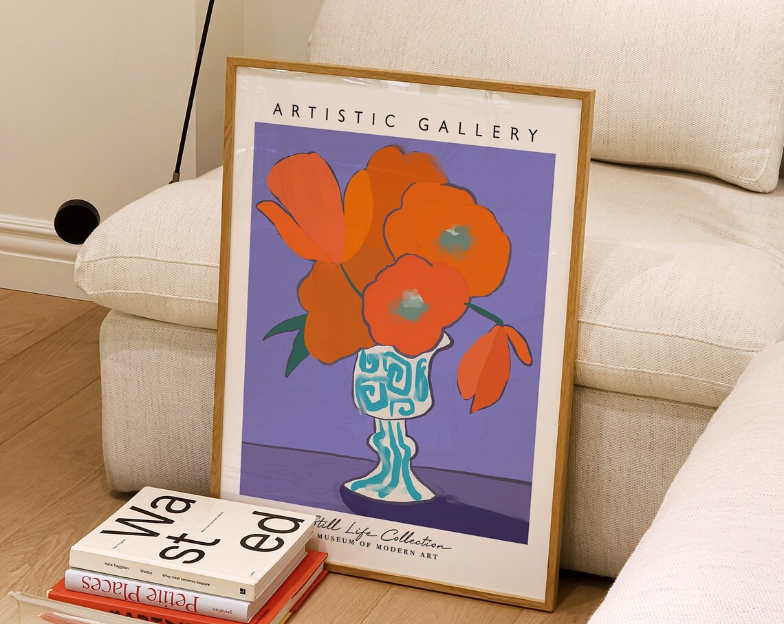 Orange Poppies Blue Vase Still Life Purple Background Gallery Poster