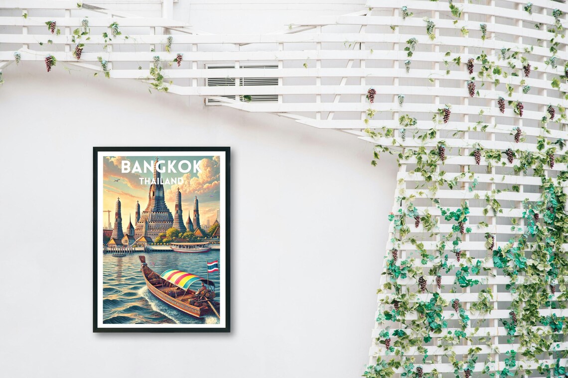 Bangkok Thailand Wat Arun Longtail Boat River Sunset Travel Poster - Image 2