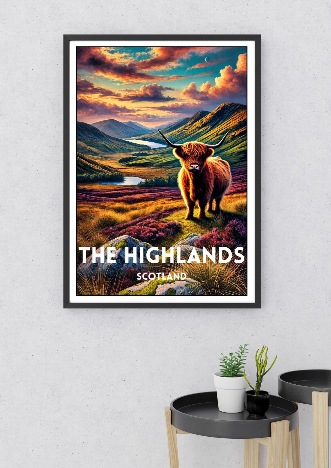 Scottish Highlands Highland Cow Heather Hills Sunset Vintage Poster - Image 2